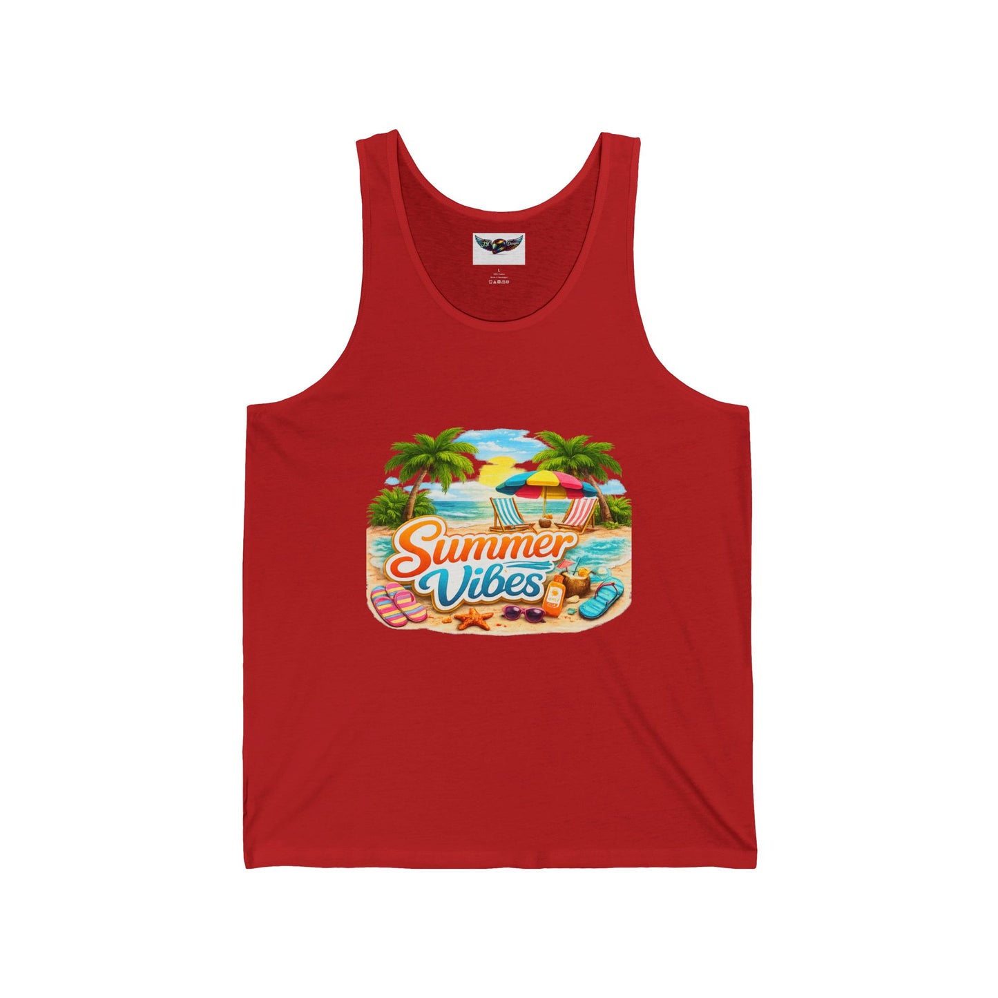 Summer Vibes Beach Tank Top — Tropical Palm Trees, Surfboard & Sunset Graphic