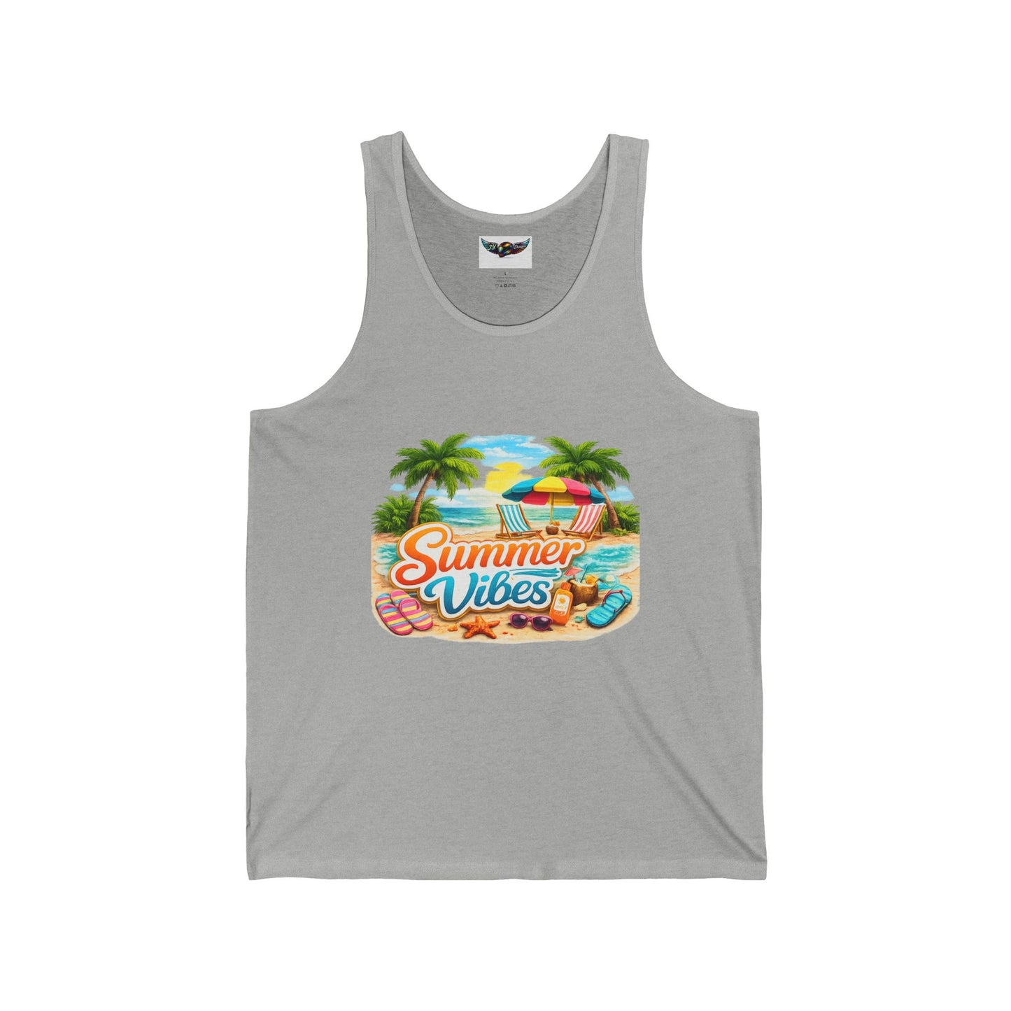 Summer Vibes Beach Tank Top — Tropical Palm Trees, Surfboard & Sunset Graphic