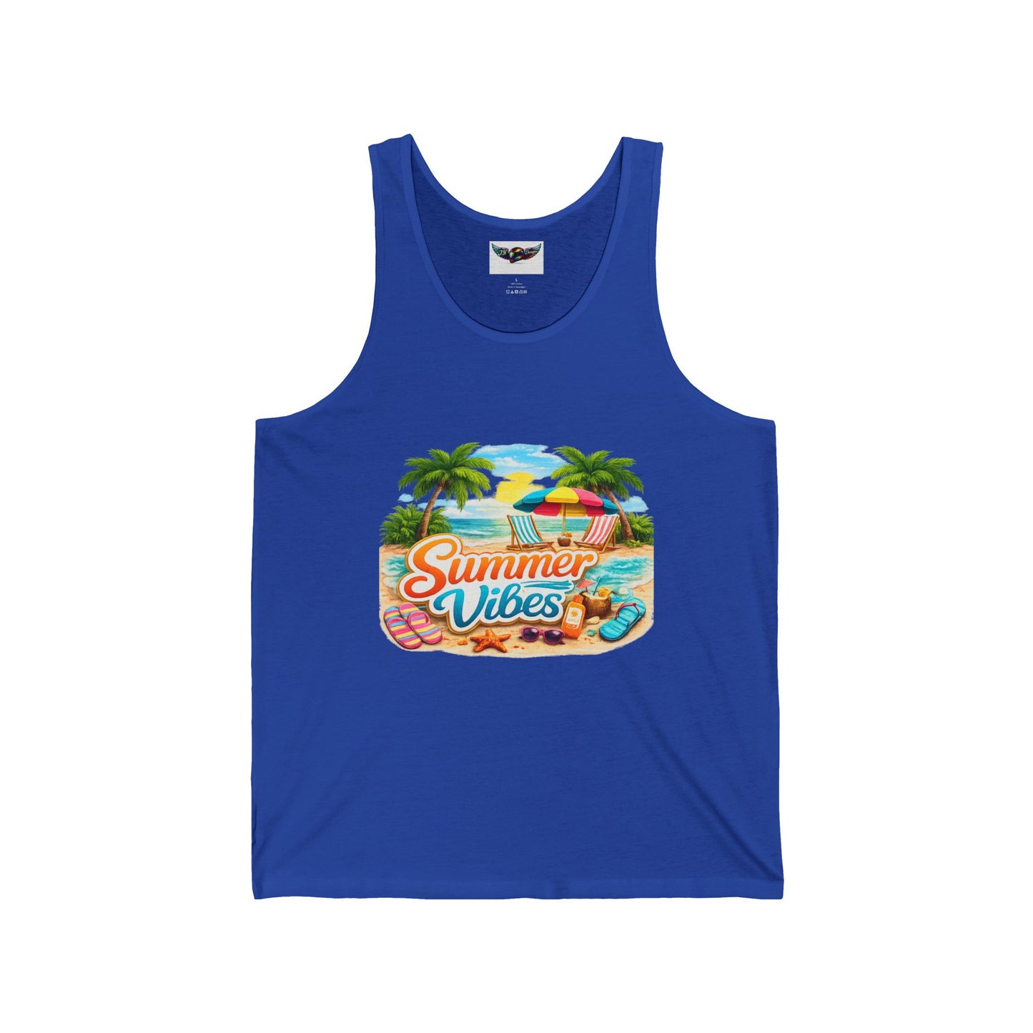 Summer Vibes Beach Tank Top — Tropical Palm Trees, Surfboard & Sunset Graphic