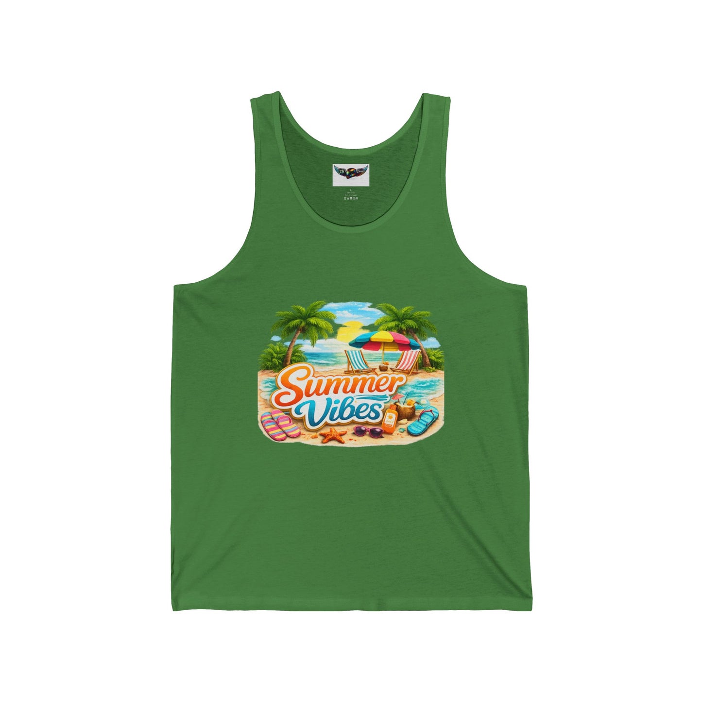 Summer Vibes Beach Tank Top — Tropical Palm Trees, Surfboard & Sunset Graphic