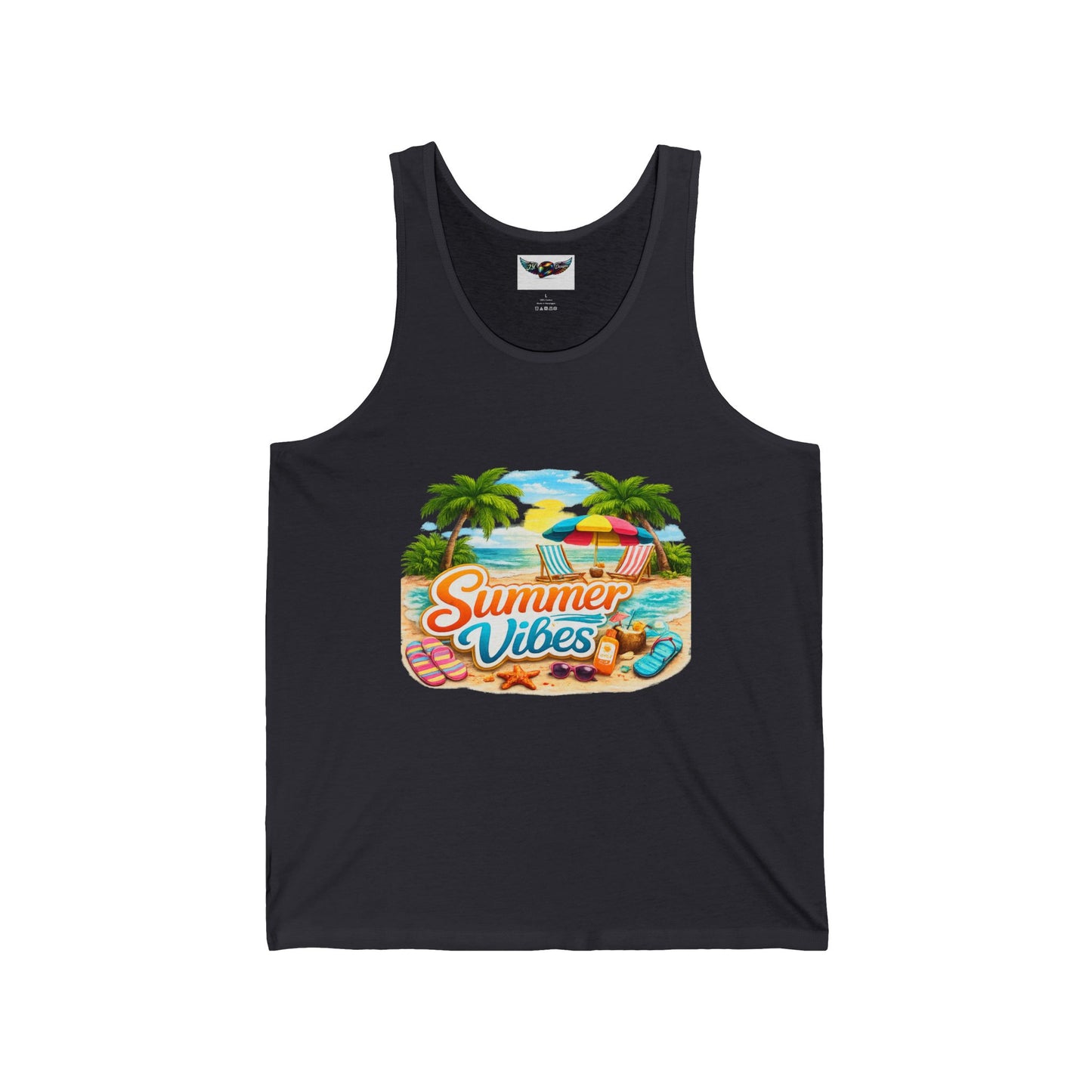 Summer Vibes Beach Tank Top — Tropical Palm Trees, Surfboard & Sunset Graphic