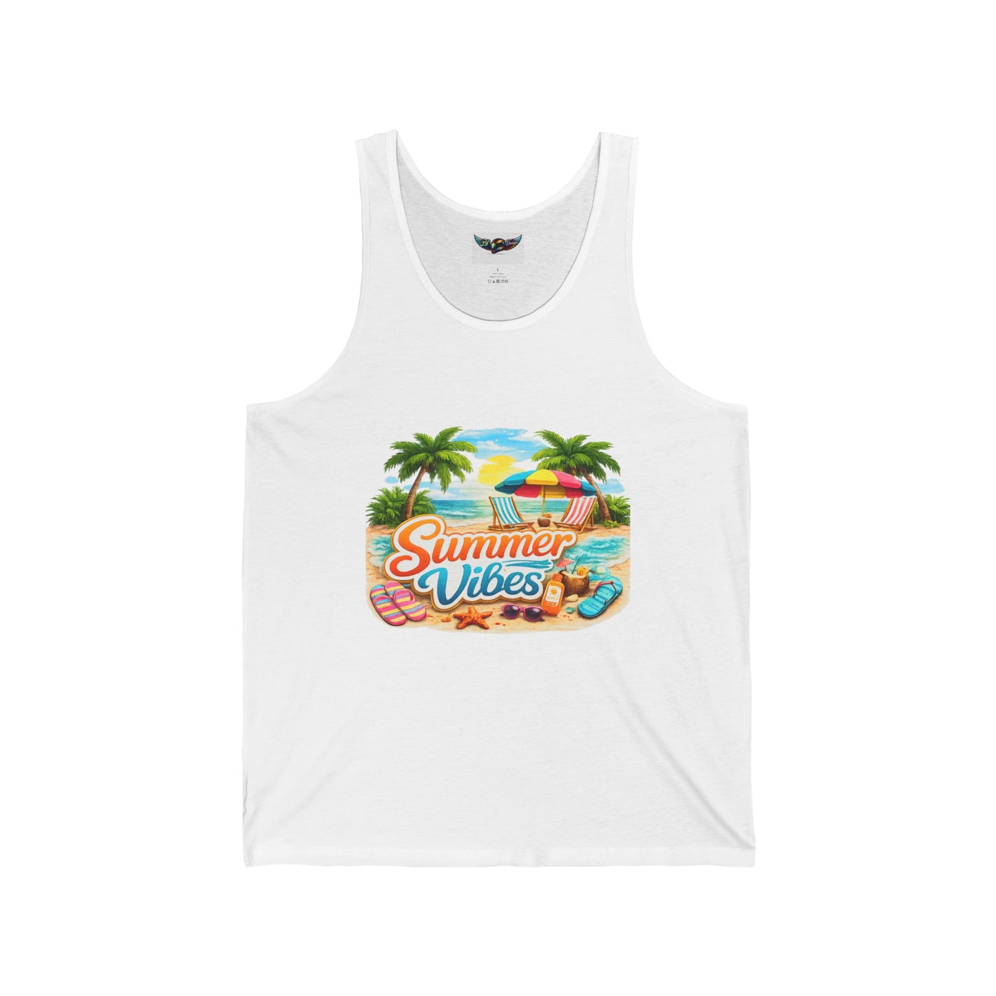 Summer Vibes Beach Tank Top — Tropical Palm Trees, Surfboard & Sunset Graphic