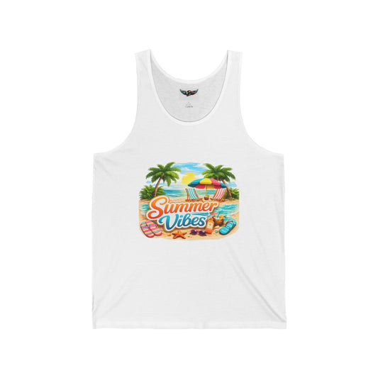 Summer Vibes Beach Tank Top — Tropical Palm Trees, Surfboard & Sunset Graphic