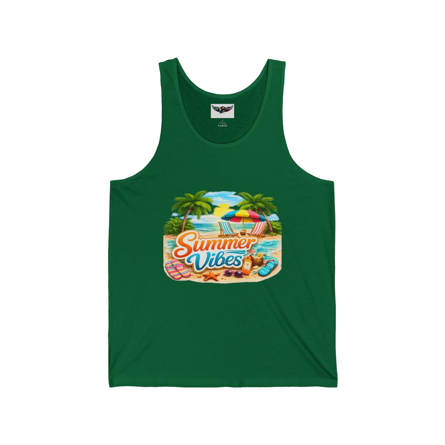 Summer Vibes Beach Tank Top — Tropical Palm Trees, Surfboard & Sunset Graphic